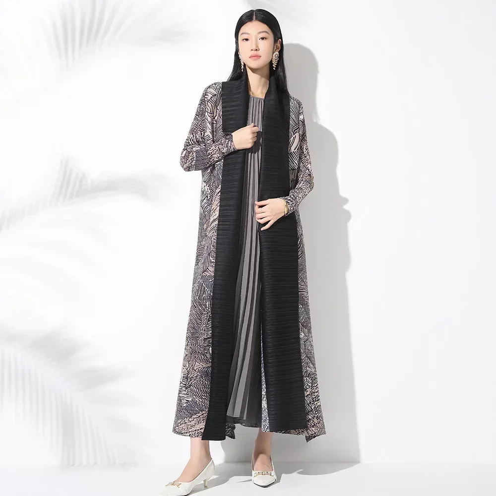 Miyake Pleated Vintage Printed Turndown Collar Long Coats Women 2025 New Original Designer Dubai Abaya Fashion Elegant Dress