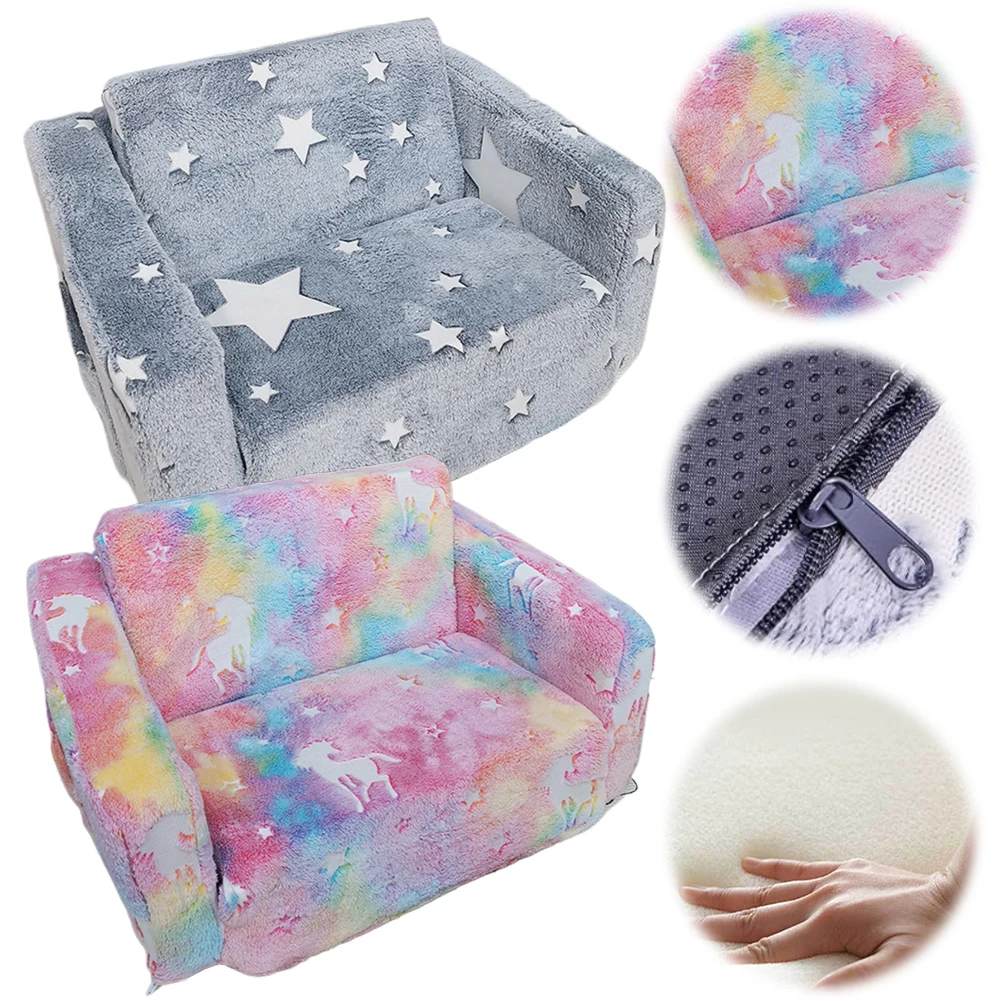 Glow in The Dark Extra Soft Open Couch 2-in-1 Toddler Soft Couch Fold Out Star Glow in The Dark Toddler Couch for Girls and Boys