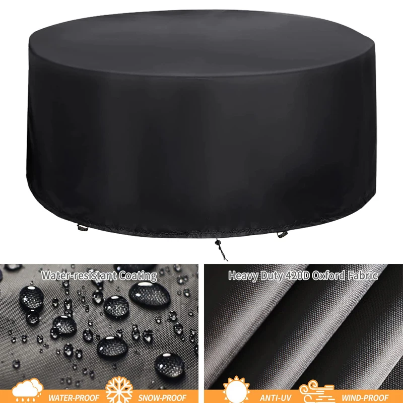 Round Garden Table Cover PU Waterproof UV Resistant Anti-Fading 420D Oxford Fabric Cover Patio Furniture Protect Cover Outdoor