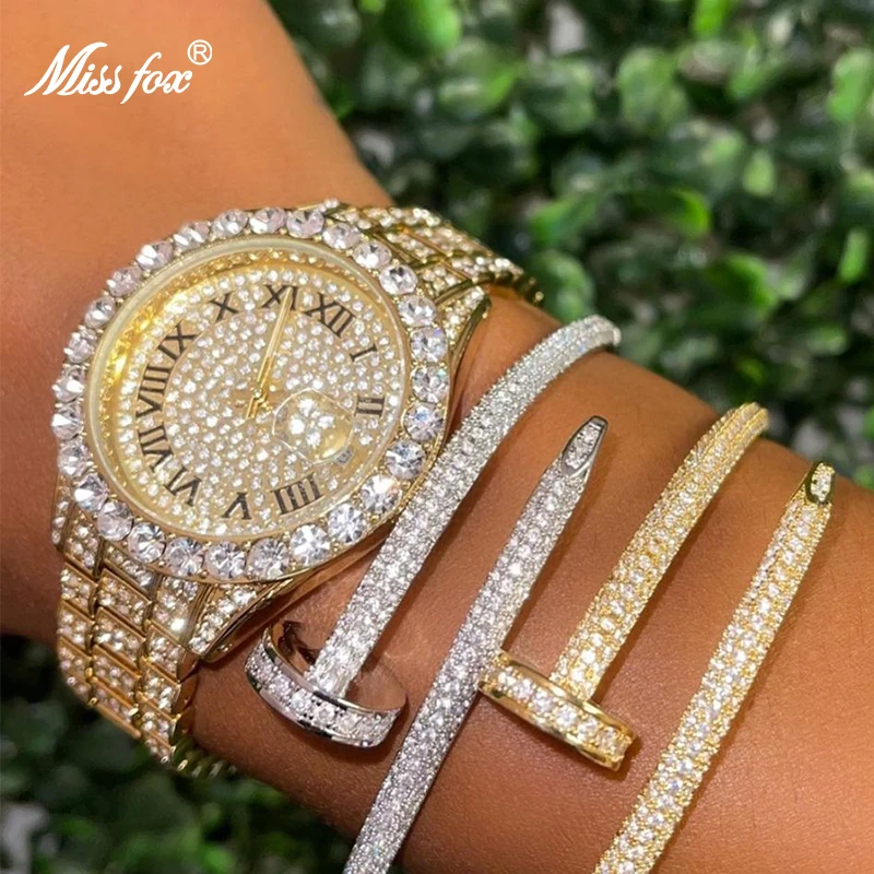 36mm Luxury Watch For Women Fashion Full Ice Out 18K Gold Plate Quartz Lady Wristwatch Hip Hop Bling Diamond Dress Jewelry Clock