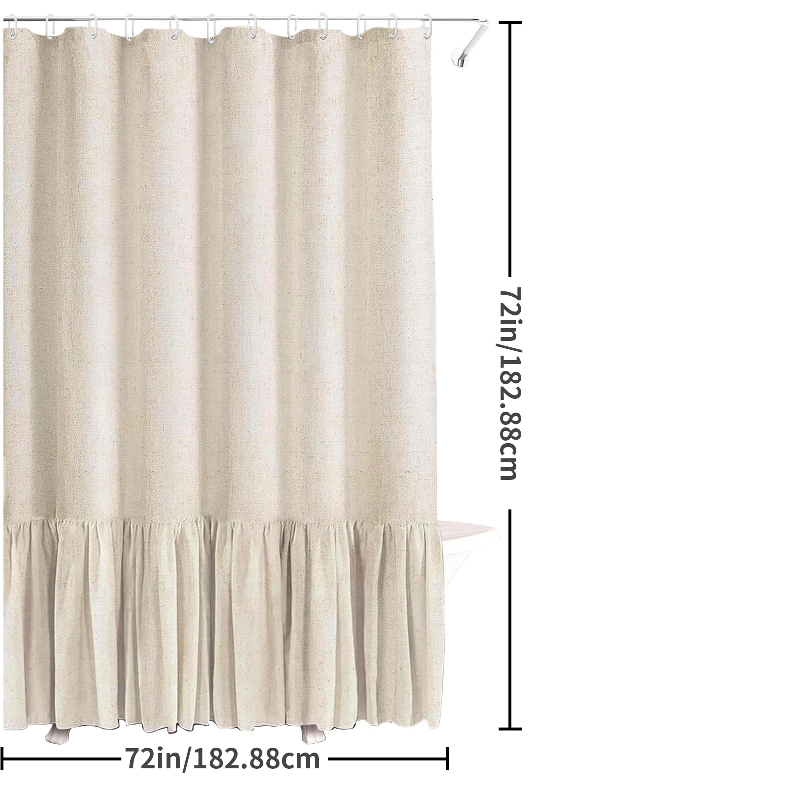 1PC Ruffle Shower Curtain for Bathroom, Farmhouse Bohemian, Natural Linen Machine Washable with 12 Hooks, 72\