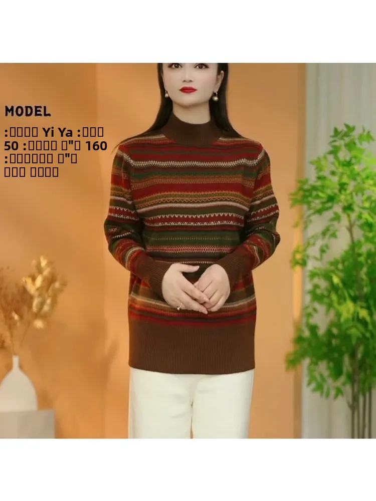 

Thiened Retro Striped Knitted Sweater Women's Outerwear Base Layer Winter Warm Long Sve round Ne Pullover Polyester Sp...