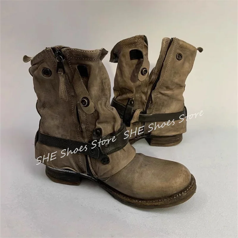 

Retro Metal Belt Buckle Women Western Boots Round Toe Chunky Heel Zipper Ankle Boots Ladies Motorcyclr Boots Casual Shoes