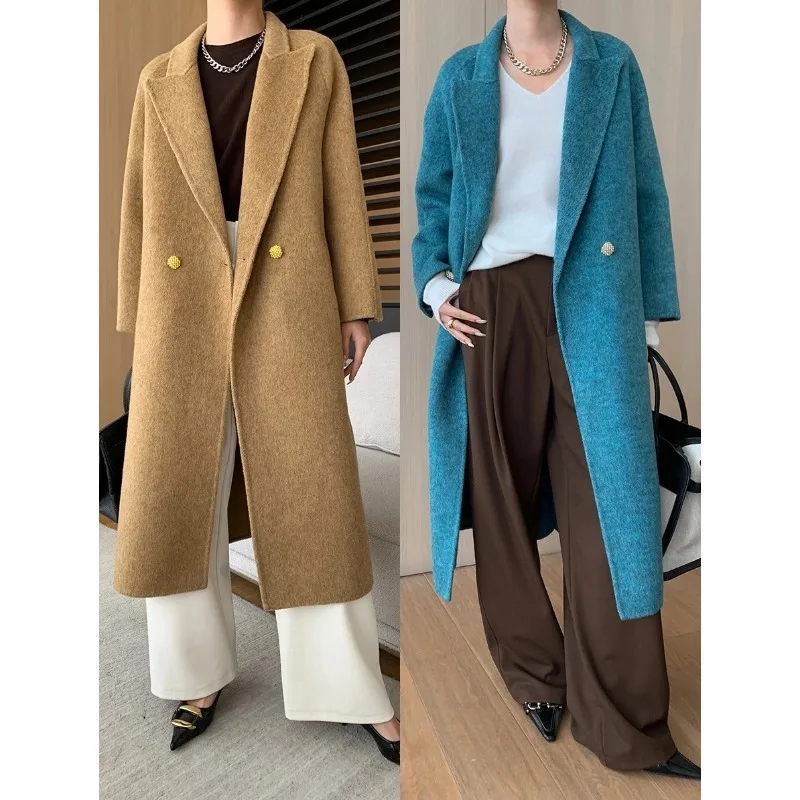 Winter Wool Trench Coat Women Fall Peacoat Long Woolen Coat Blue Khaki