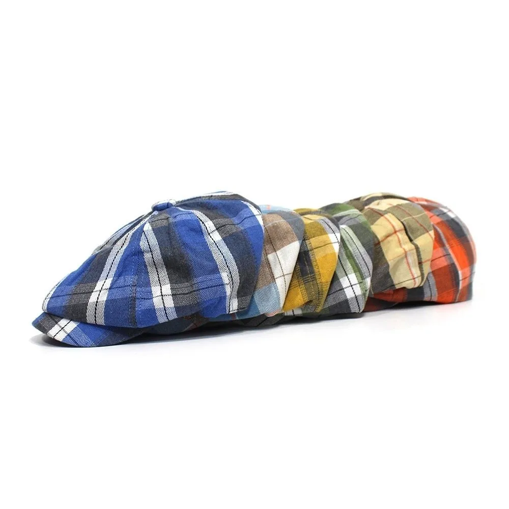 Fashion Short Brim Plaid Beret Hat Breathable Thin Lightweight Octagonal Cap Casual Vintage Newsboy Cap Travel