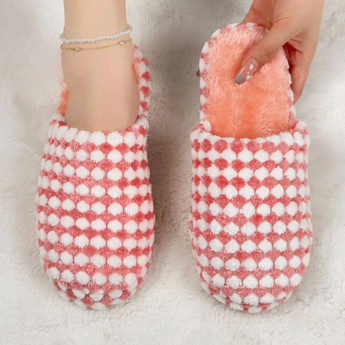 

Winter Coral Fleece Home Cotton Shoes Women's Fashion Plaid Plush House Slippers Couple Indoor Soft Flat Thickened Warm Slippers