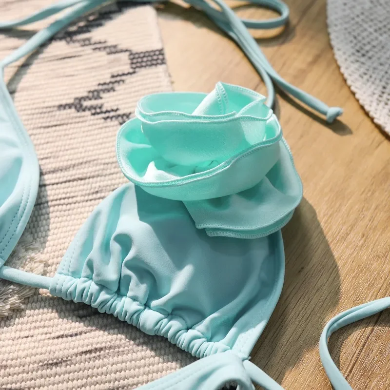 Sexy 3d azul flowertriangle biquinis conjunto micro tanga maiôs feminino corda halter maiô biquíni 2024 mujer biquinis nadar