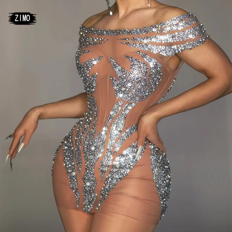 

Shiny Crystal Off-shoulder Sexy Dress Women See-through Birthday Party Dress Nightclub Bar Pole Dance Stage Performance Costume