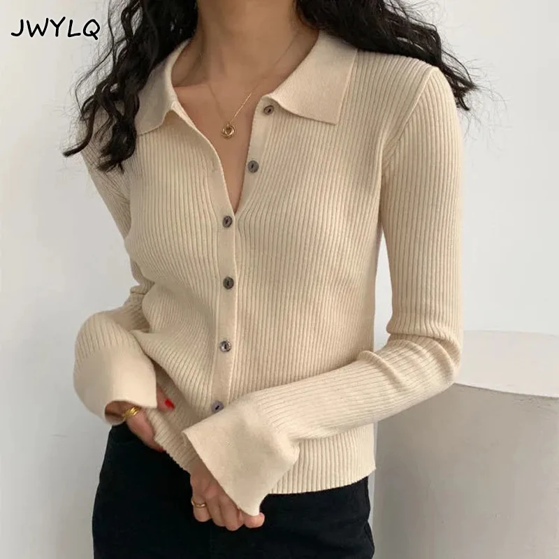 Vintage Slim Polo Collar Single-breasted Cardigan Sweater Spring Autumn Loose Long Sleeves Streetwear 8 Colors Cropped Sweaters