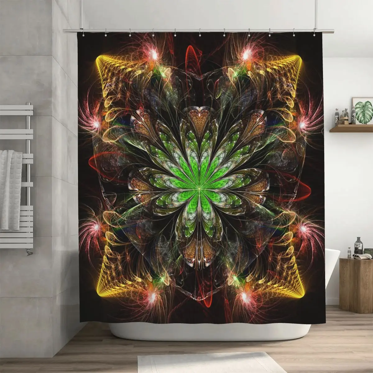 Green Flower Yellow Wings Surrounded By Sprites Shower Curtain Bathroom Polyester Waterproof Bath Curtains with Hooks