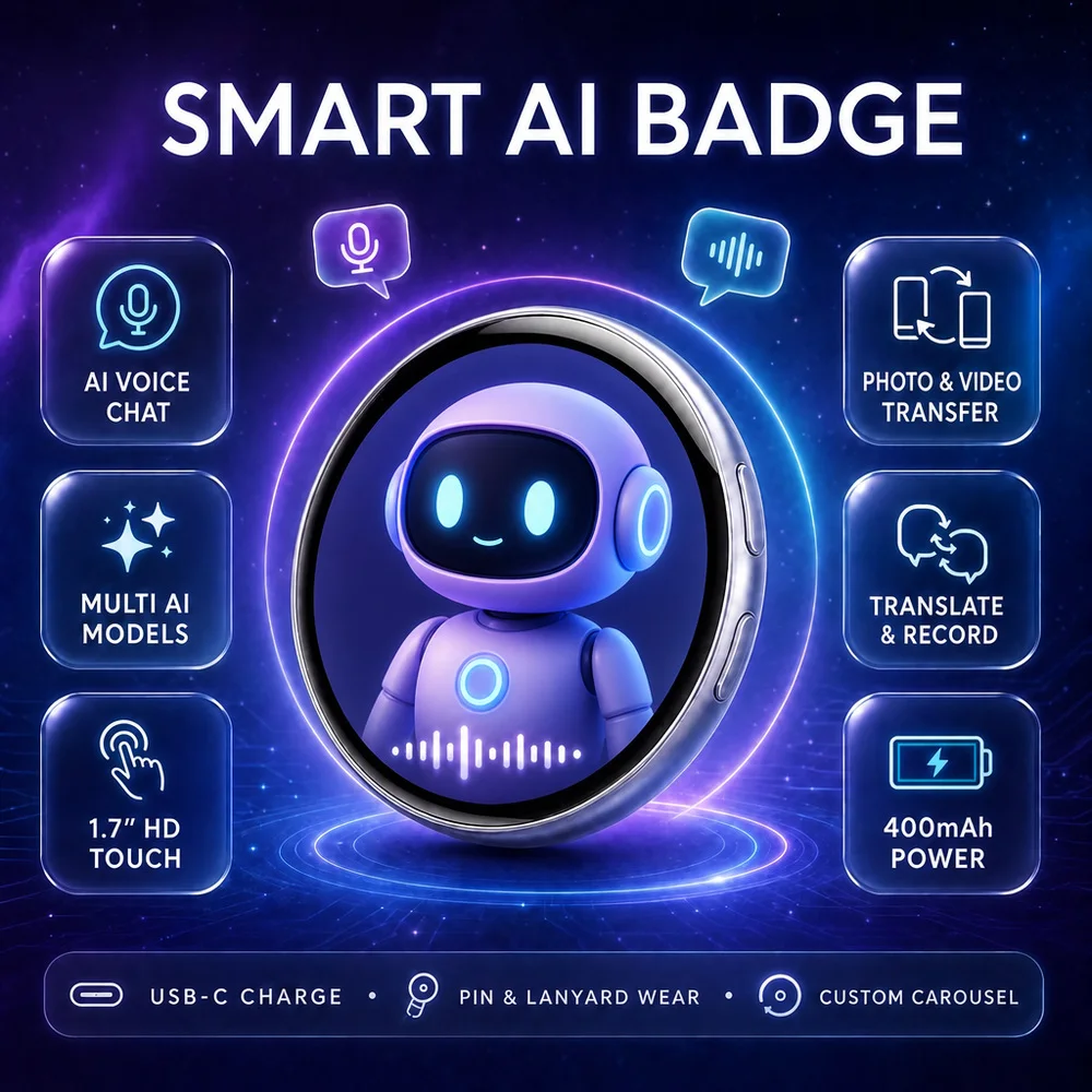 Electronic Badge Anime AI Dynamic Digital Merchandise Display Badge With Touch Control For Uploading Photos GIFS and Videos