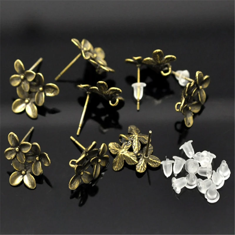 Doreen Box  Antique Bronze Flower Earring Post W/ Stoppers Loop Copper 15x14mm Stud Earring For Women Jewelry Gifts, 5 Pairs