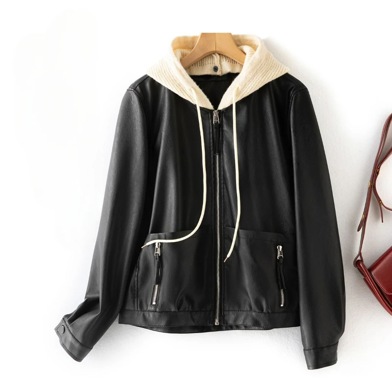 Hooded 2025 Women's Spring and Autumn New Short Haining Leather Loose Fashion Coat Leather Jacket Padded Leather Jacket Hooded