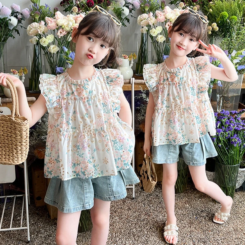 2024 Summer Kids Girls Clothing Sets camicetta floreale a maniche corte + pantaloncini di jeans adolescenti bambino senza maniche Hollowout Fashion