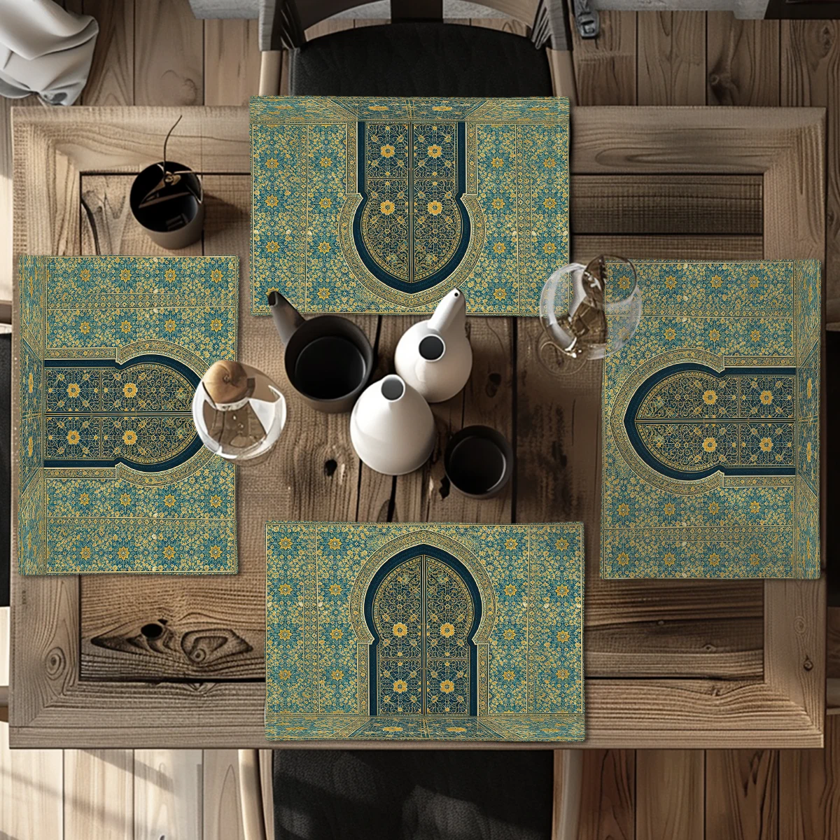 Nautical Anchor & Shell Pattern Polyester Placemats & Coasters - Decorative Table Linens for Home, Restaurant and Daily Use