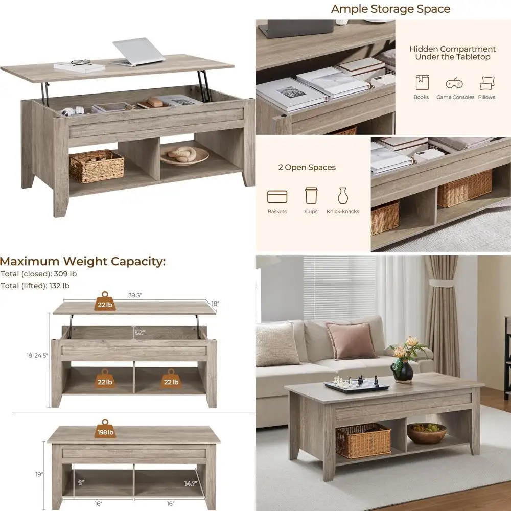 

Hidden Storage Coffee Table with Lower Shelf, 41in Living Room Center Table, Modern Design for Space-Saving