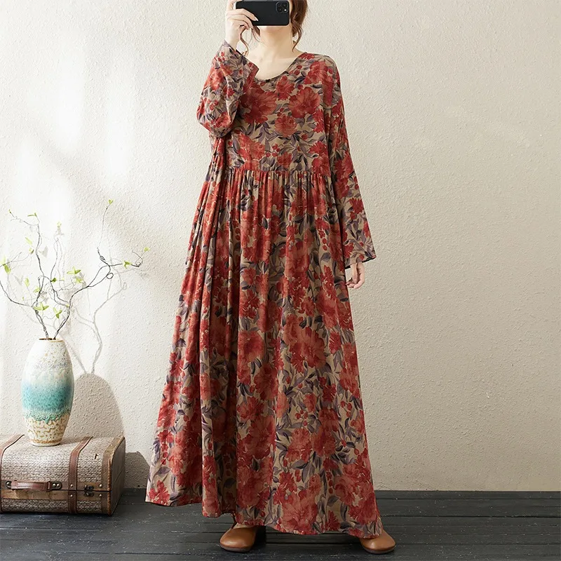 

Loose Long Sleeve Cotton Linen Blend Skirt for plus Size Women Sweet Style Holiday Wear Thin Material round Neck Long Dress