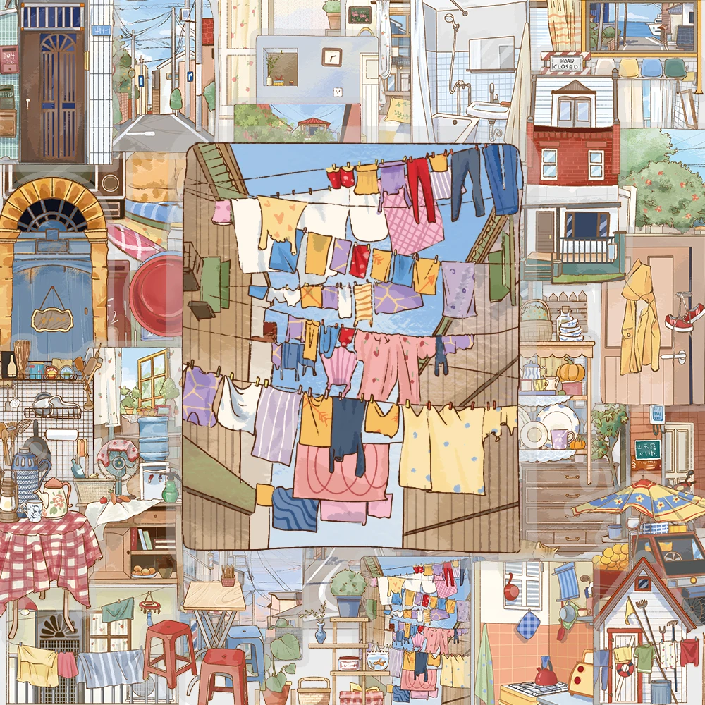 50PCS Cartoon Nostalgic Street Home PET Stickers Art Collection Gifts Decorative Books Phone Cases Water Cups Guitar Laptop