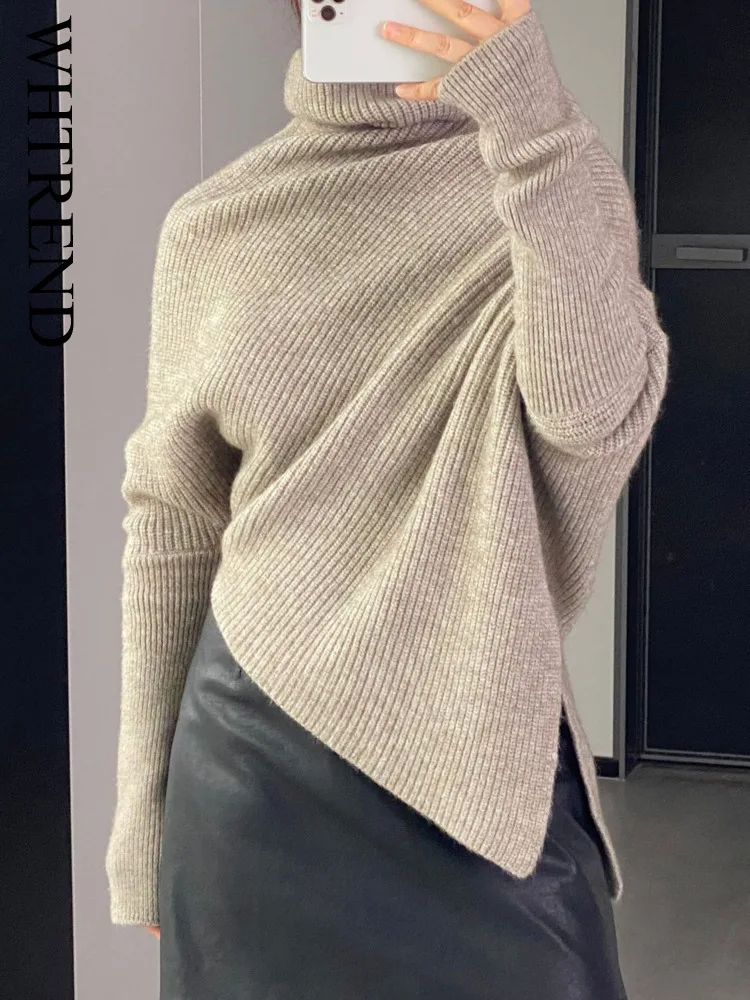 

WHTREND High Neck Winter Warm Sweater for women Three-Dimensional Cross Irregular Thickened Pullover WH1253