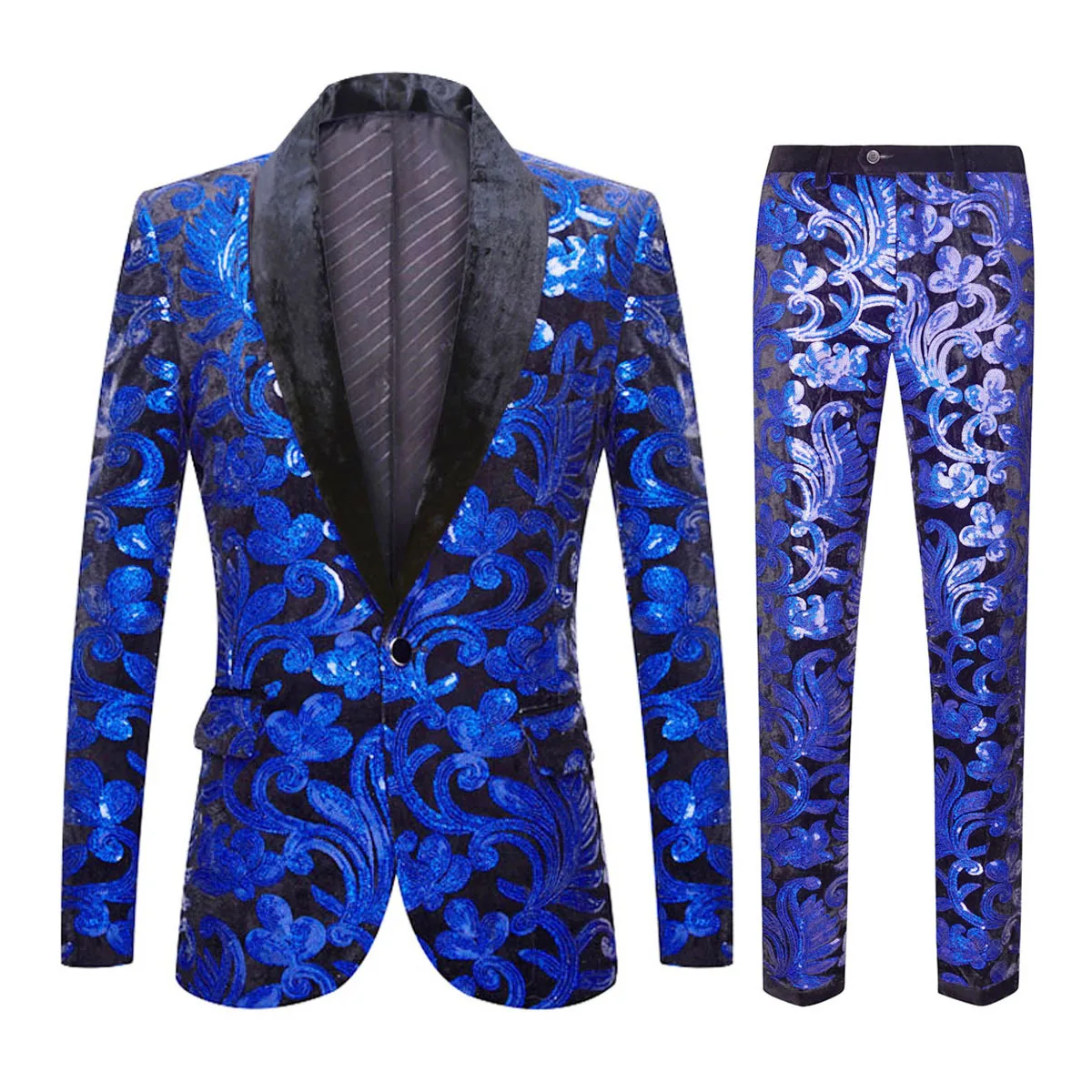 

Mens Two Pieces Suit Elegant Floral Pattern Velvet Sequins Jacket Pants Men Party Blazer Pants Set Wedding Stage Singer Costumes