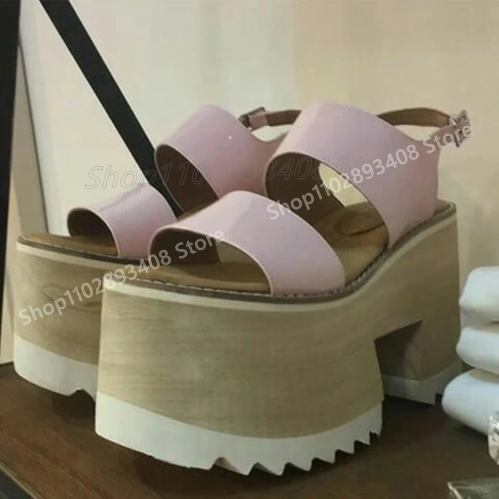 

Pink Patent Leather Belts Thick Solesd Sandals Slingback Chunky High Heel Fashion Sexy 2025 Women Shoes New Summer Para Mujere