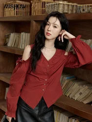 MISHOW Off Shoulder Red Blouses 2024 Autumn 100 Cotton Temperament V-neck Shirts Irregular Slim Fit Long Sleeve Shirt MXD45X1675