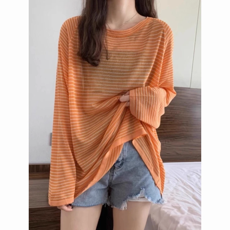 

Striped Women's Summer 2024 New Splice Pullover O-Neck Fashion Loose Minimalist Casual Ice Silk Knitted Long Sleeved T-shirt Top