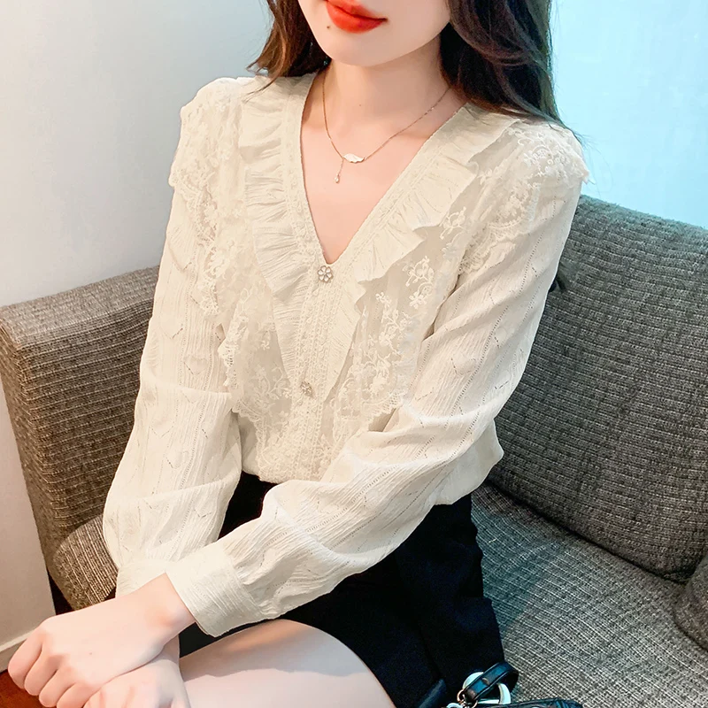 Fashion New Casual Long Sleeve V-Neck Women Blouse Lace Ruffles Chiffon Blouse Shirt Women Tops Blusas Mujer De Moda 2024 A599