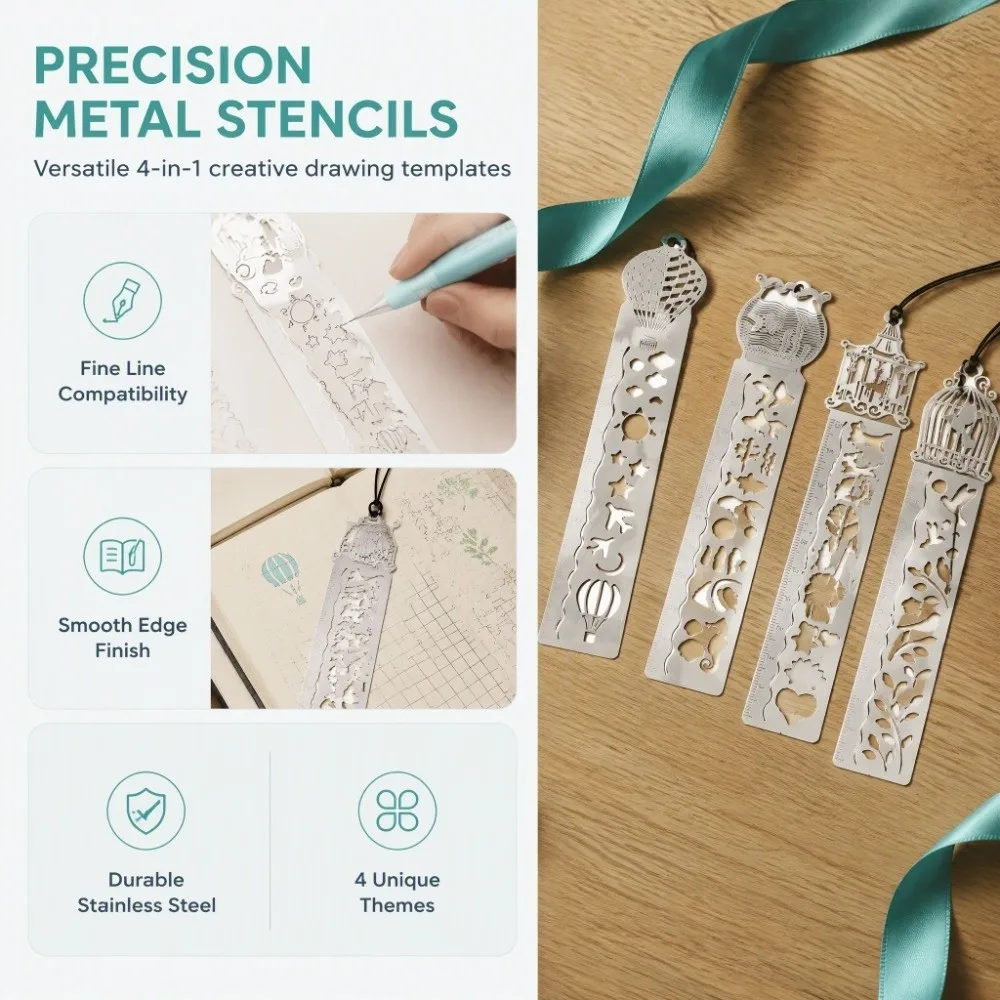 4PCS Small Mini Stainless Steel Stencil Ruler Silver Multifunctional Drawing Template Metal Ruler Card Making