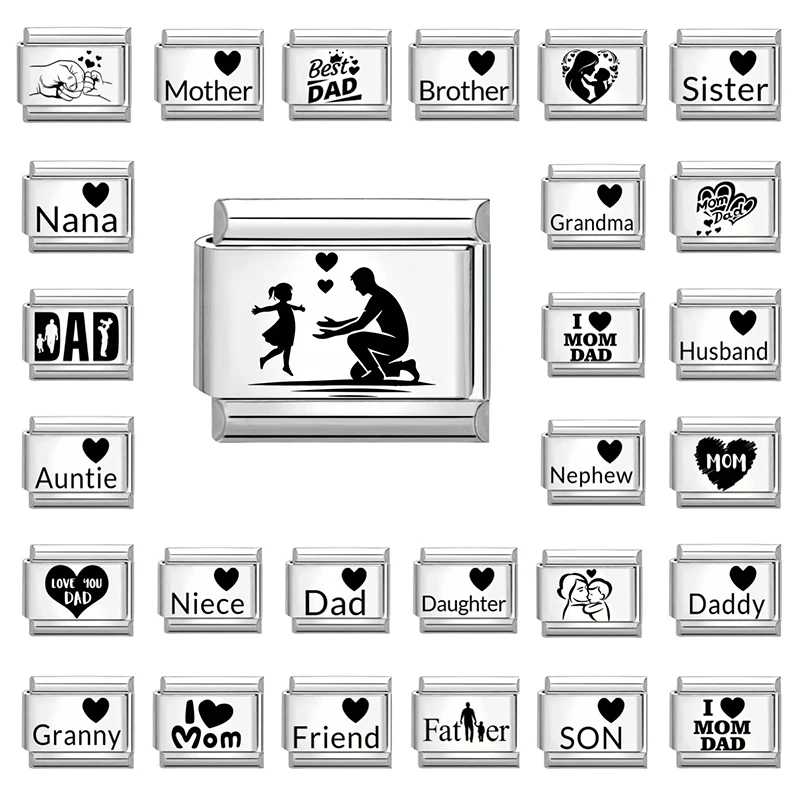 Y2K Laser Engraving I Love Wife Dad Mother Sister Italian Charm Links Fit 9MM Stainless Steel Bracelet Women DIY Making Gifts