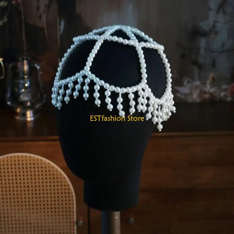 Y5GC Delicate Pearls Chain Caps Hair Jewelry Wedding Party Hat with Pearls Tassels