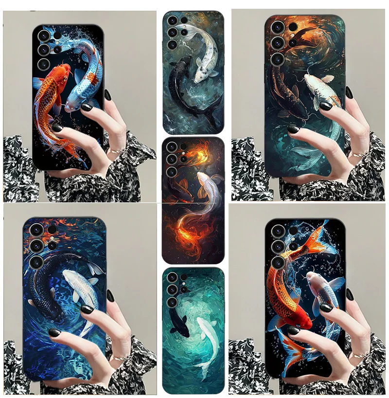 For Samsung  A 71 31 21 51 M 40 30 S Meeting Koi Fish in Water 50 70 11 4 5 G Note 20 Ultra 10 PRO 9 8 TPU Black Phone Thin Case