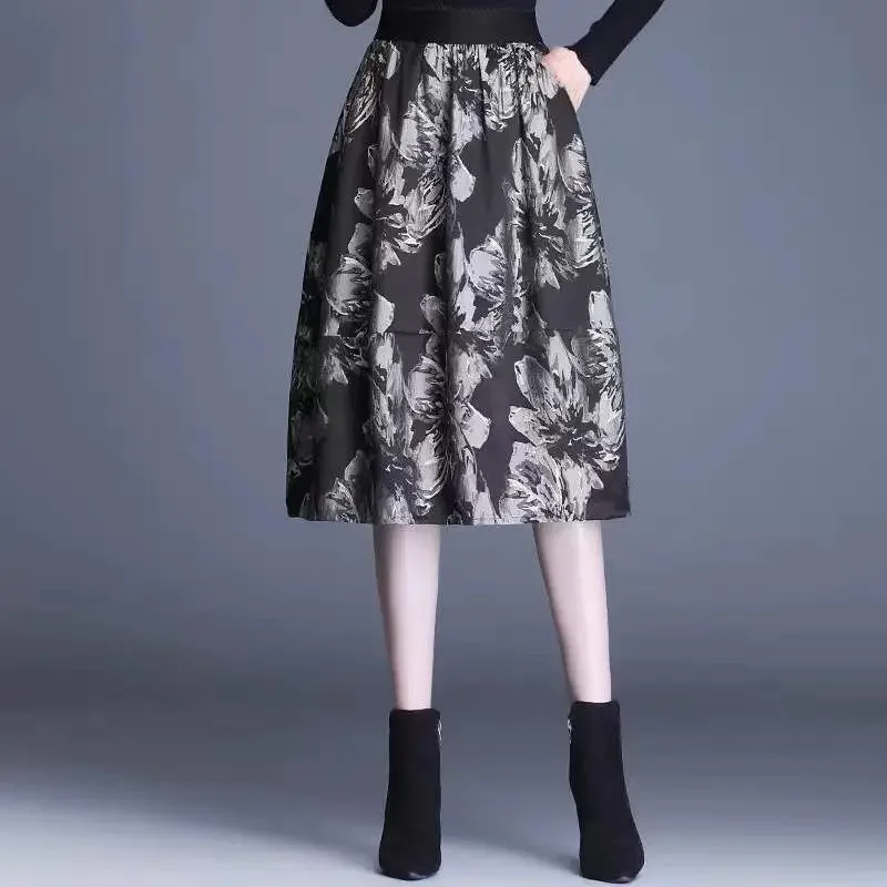 

Floral Print Office Lady Blended Printing A-line Skirt Empire Folds Knee-length Retro 2024 Autumn Winter Women's Clothing C132