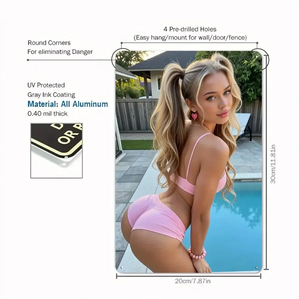 ملصق معدني لفتاة بيكيني عتيقة مقاس 8 × 12 بوصة، لافتة ألومنيوم مقاومة للماء لديكور المنزل والمقهى