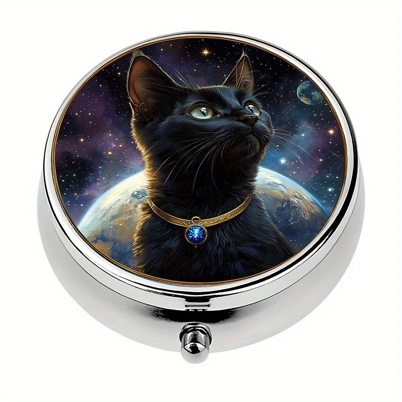 1 space-themed storage box with 3 compartments, portable for travel or as a wallet case, decorative metal storage box, used for storing medication and vitamins, flat print