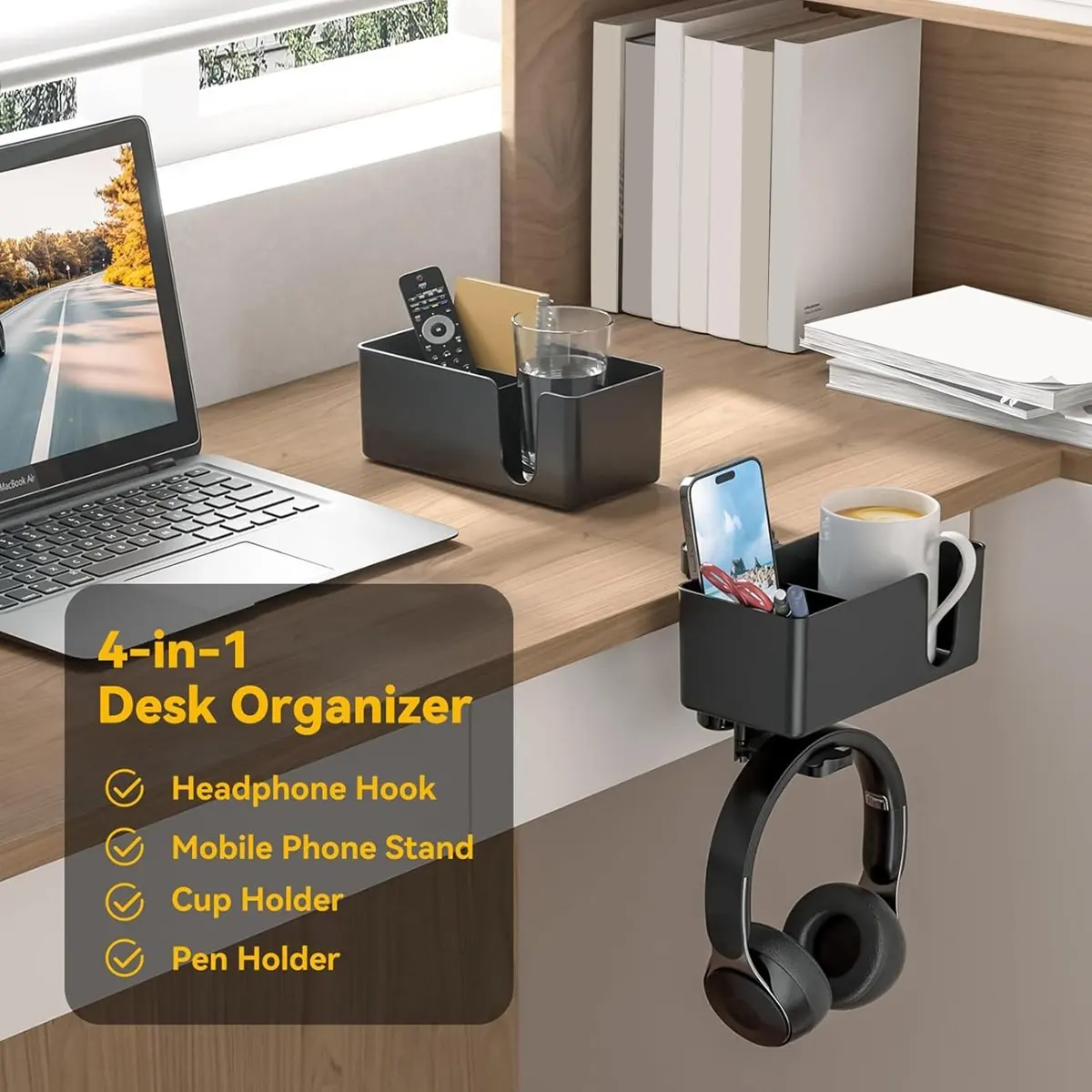 4in1 Desk Cup Holder - Clamp on Under Desk Headphone Hanger - Rotating Headphone Holder Detachable Pen Cup Holder White