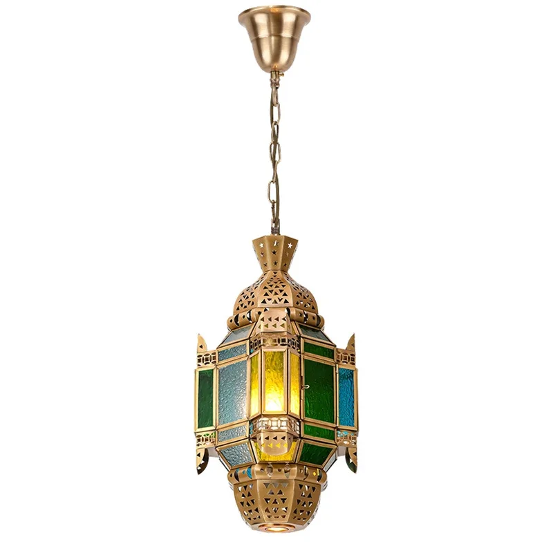 Handmade LED colored glass copper chandelier, European Arabian retro style lighting, decorative lamps, copper lanterns