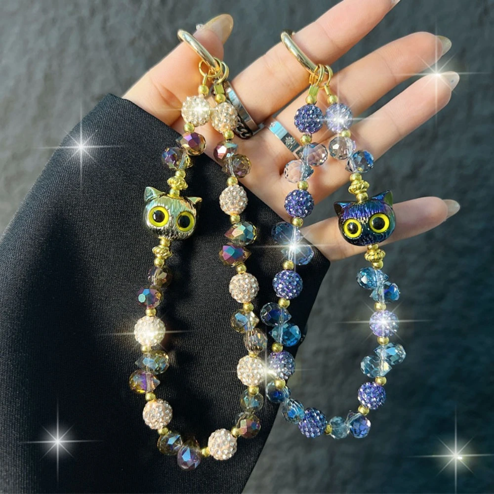 Luxury cat set diamond round bead crystal bead mobile phone chain, fashionable bag decoration, keychain