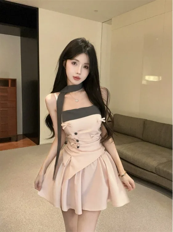 

Summer New Sle Hot Girl Set Women's Pure Desire Irregular Knot Strap Vest A-Line Skirt Casual Faion Set