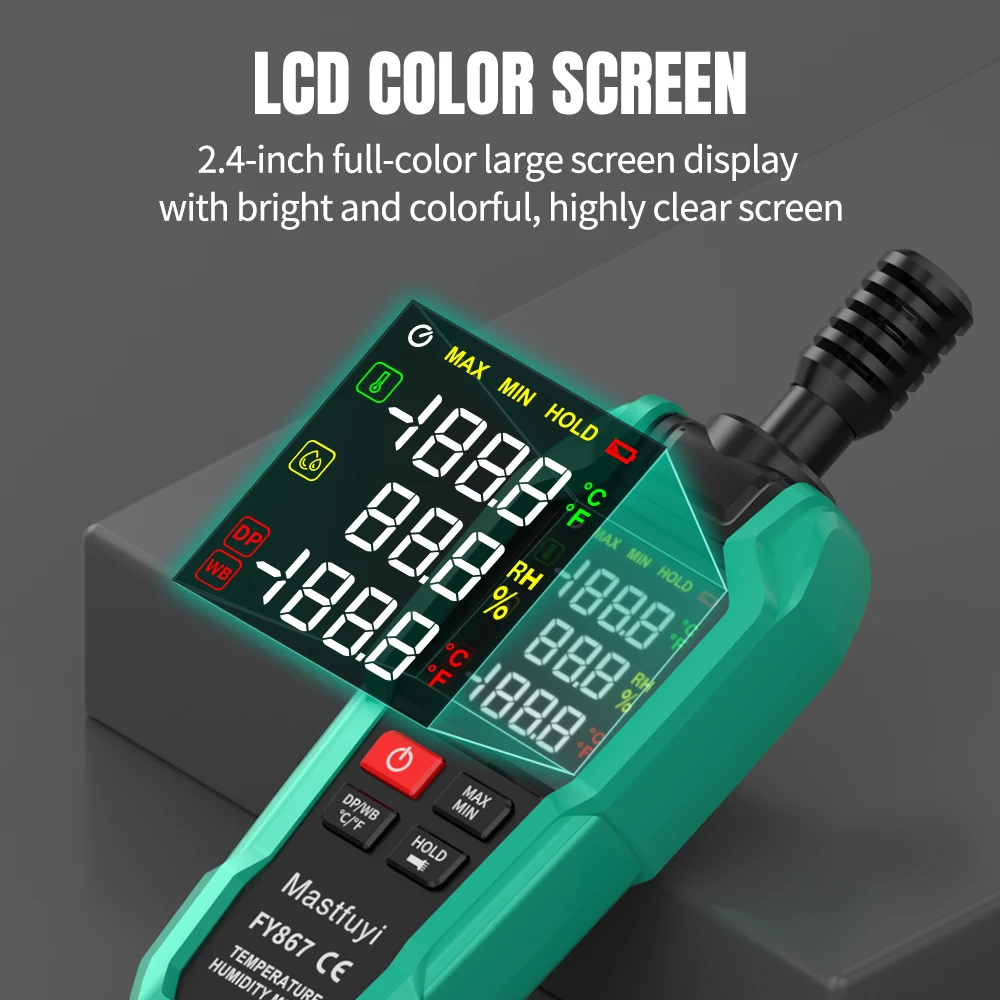MASTFUYI เครื่องวัดอุณหภูมิและความชื้นดิจิตอลระดับมืออาชีพ วัดอุณหภูมิกระเปาะเปียก อุณหภูมิจุดน้ำค้าง ความชื้นแวดล้อม