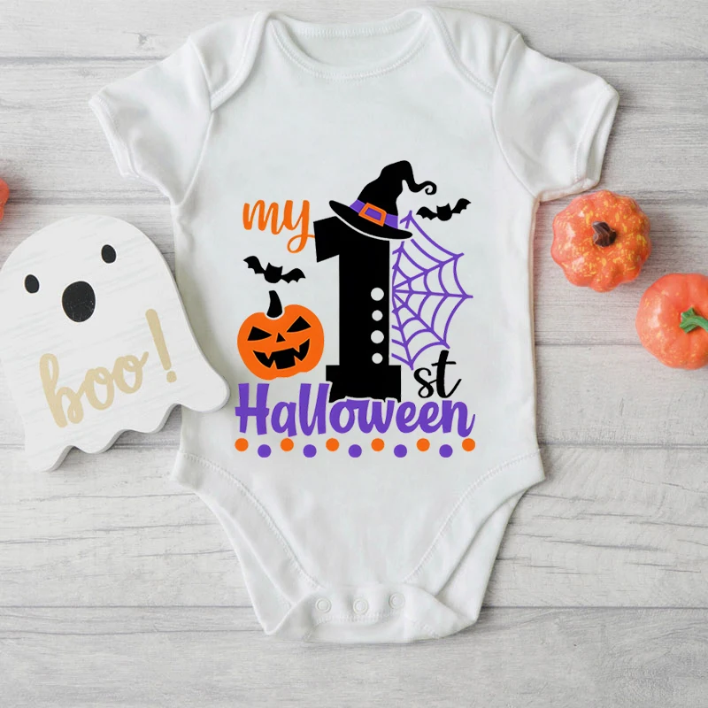 

My 1st Halloween Print Newborn Bodysuit Cotton Short Sleeve Jumpsuit Pumpkin Spider Web Bat Graphics Baby Boy Girl Casual Romper