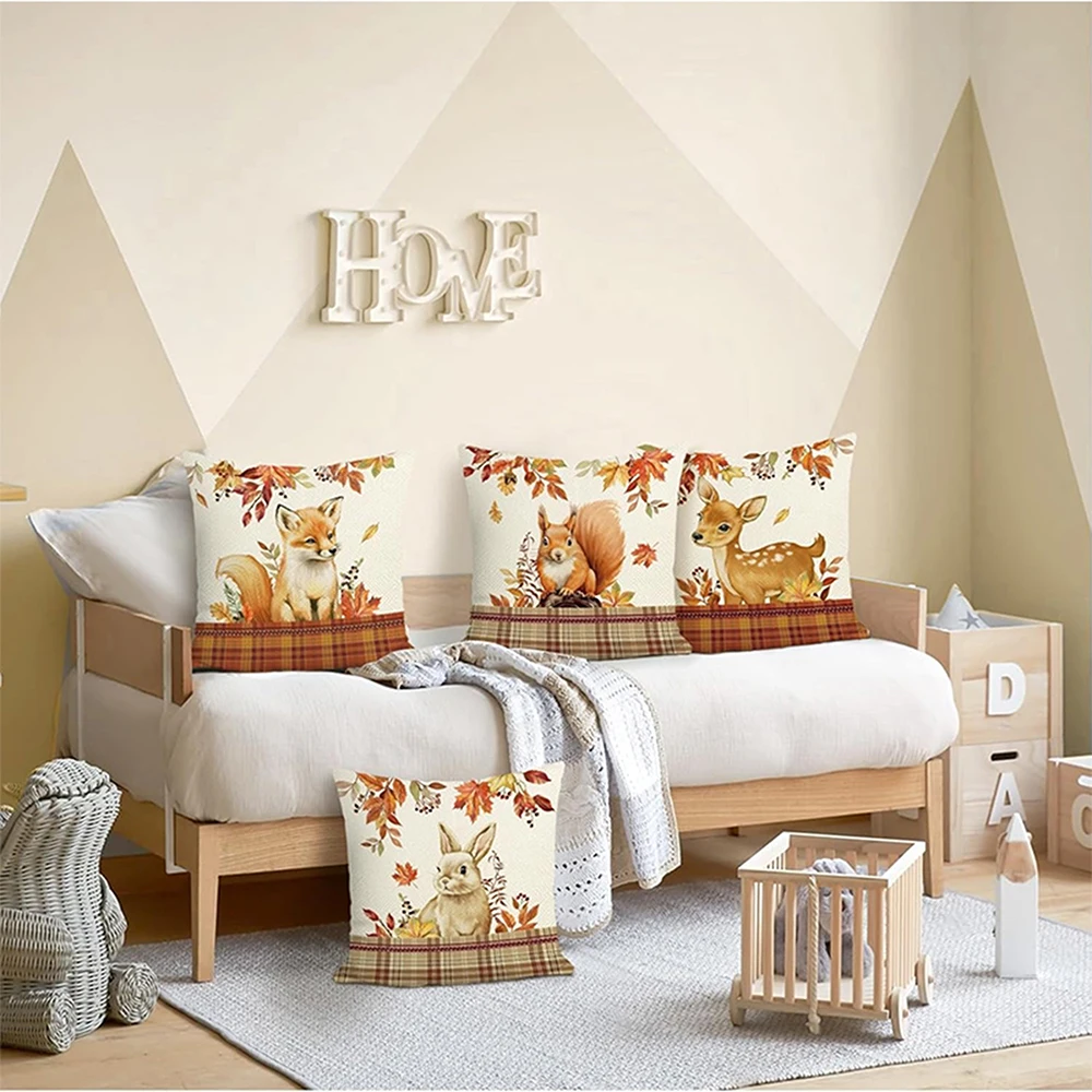 أربعة أغطية وسائد مطبوعة على شكل حيوانات بطابع الخريف: غطاء وسادة أريكة الثعلب والأرنب والسنجاب والغزلان، ديكور غرفة المنزل #3