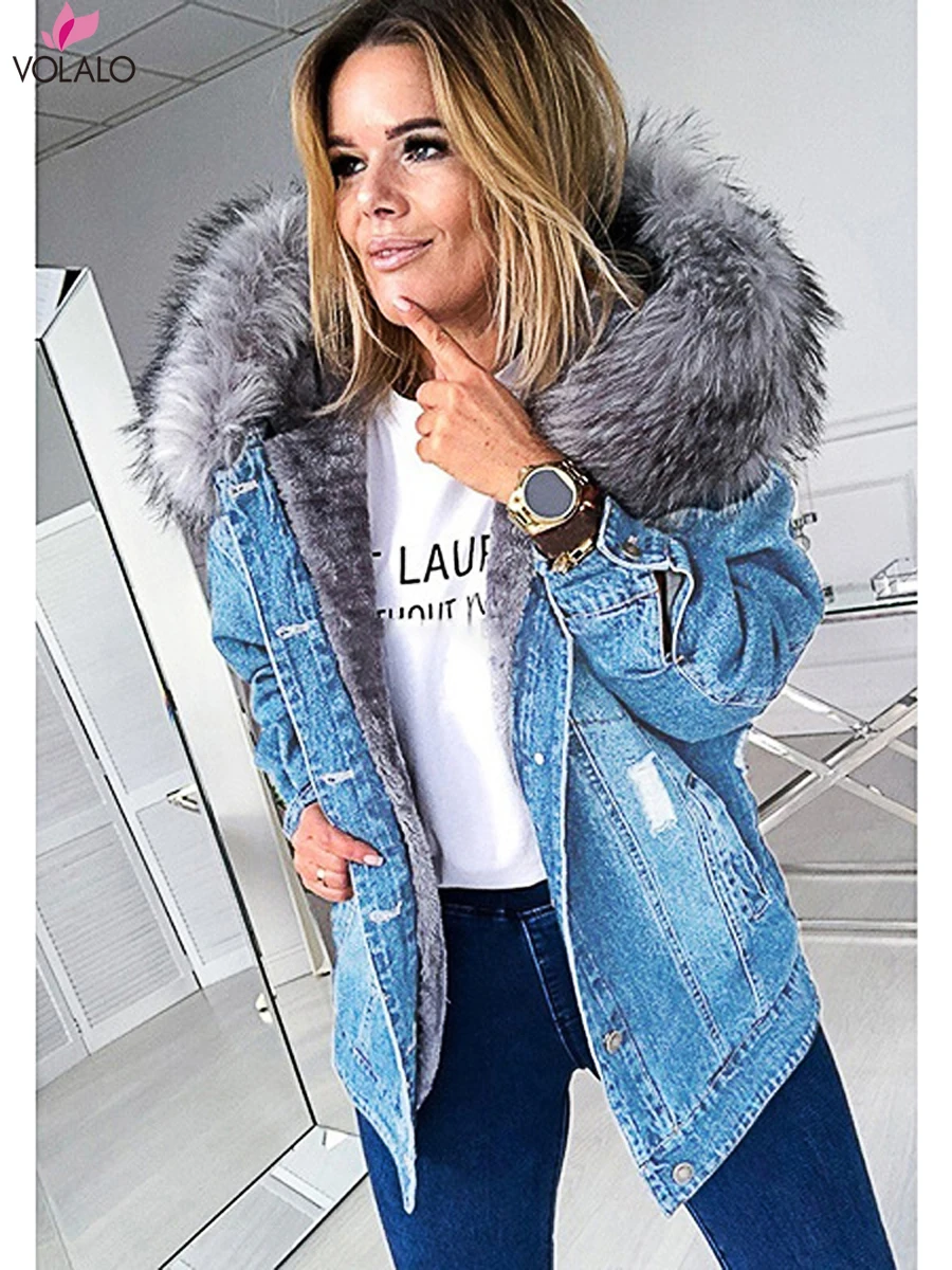 Women's Denim Jacket Warm Faux Fur Oversized Outerwear Hooded Female Clothing For Autumn Winter Button Down Long Sleeve Coat