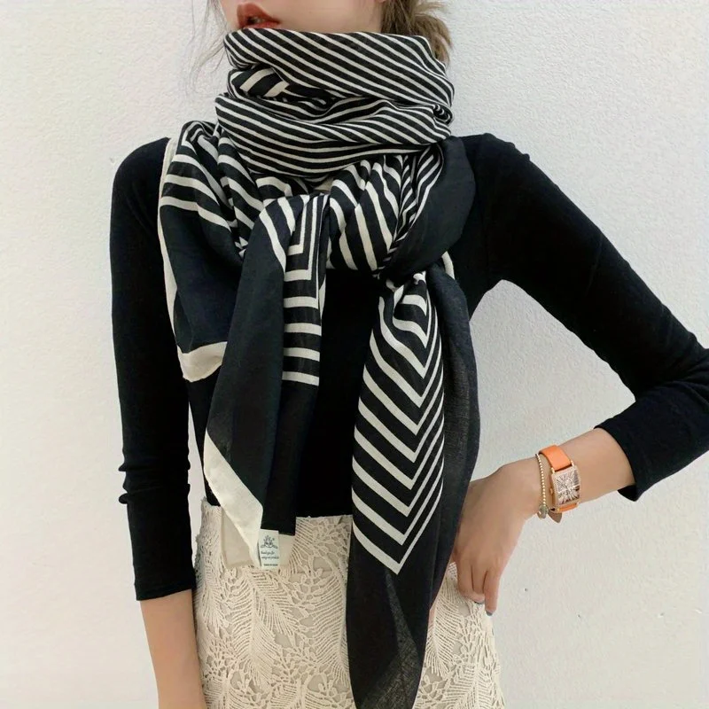 Classic Black White Striped Scarf Elegant Thin Breathable Silky Shawl Spring Summer Sunscreen Soft Beach Towel