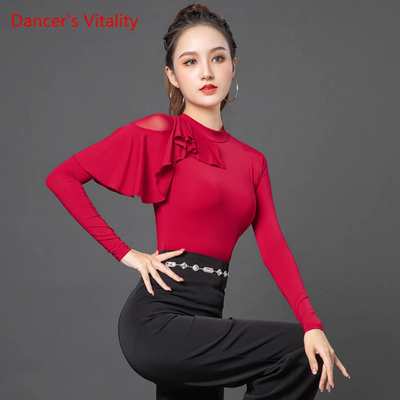 Latin Dance Costumes Women's Ice Silk Mesh Yarn Stitching Long-sleeved Turtleneck Top Ballroom Dance Competition Clothes