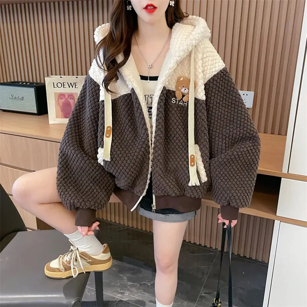 Autumn Winter Lamb Wool Cute Sweatshirts Coat Women\'s Trend Thicken Loose Hooded Jacket Female Cartoon Bear Casual Hoodies Tops