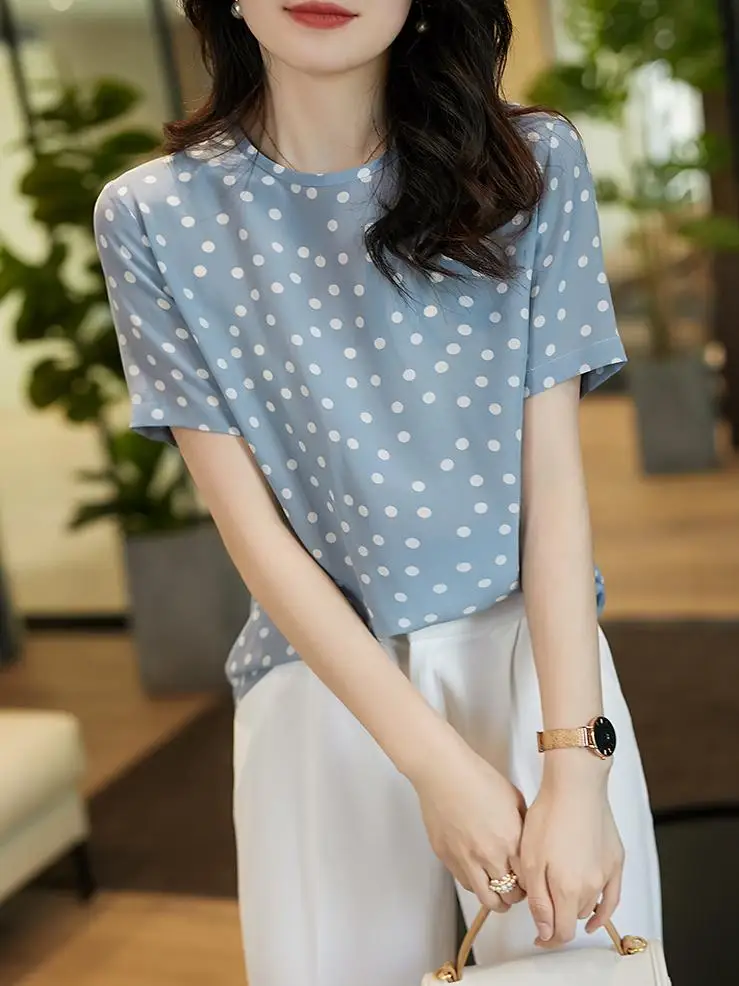 Classic Polka Dot Short Sleeve Women's T-shirt Summer New Arrival Brand Tag Removed Tailend Order  Blue Print Casual Style