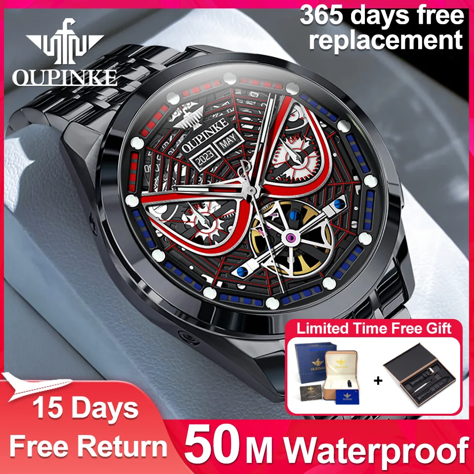 

OUPINKE Original Genuine Watch Automatic Mechanical 3D Hollow Out Spider Dial Wristwatch Waterproof Sapphire Mirror Men's Watch