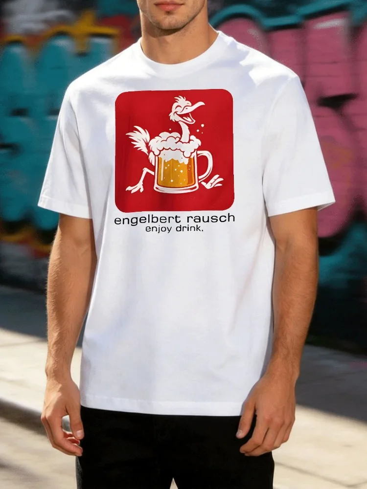 Men Crew Neck Tee Ostrich Beer Mug Cartoon Graphic Print Short Sleeve Summer Loose Casual Daily Top For Beer Loving Adult Males