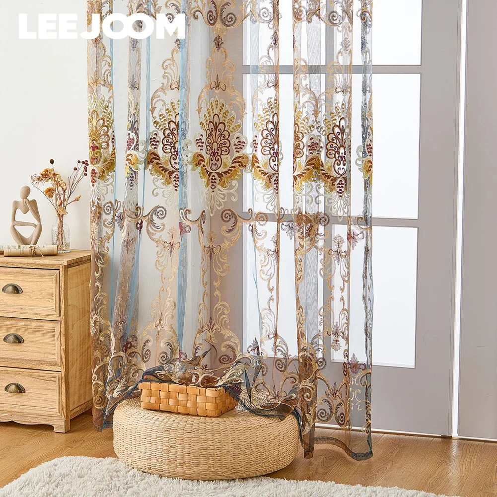 LEEJOOM European Style Luxury Curtain Floral Flower Embroidered Tulle Sheer Voile Transparent Window Drapes Home Decor 1PC